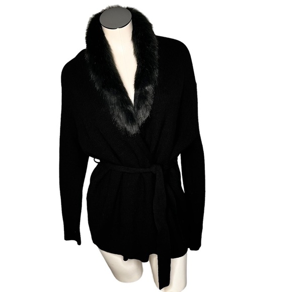 MICHAEL KORS Faux Fur Shawl Collar Black Cardigan Sweater Women's Size S - Picture 1 of 16